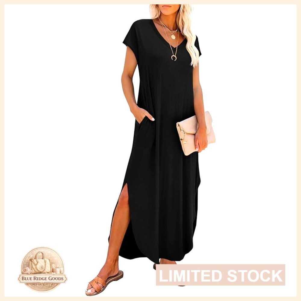 V-Neck Maxi Dress with Pockets Casual Summer Boho Beach Vacation Flowy